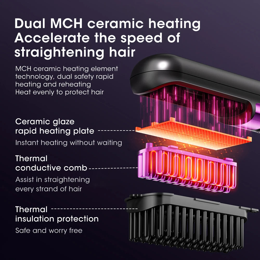 Peigne chauffant électrique sans fil pour lisser les cheveux, brosse lissante, ions négatifs, anti-brûlure, outil de coiffage