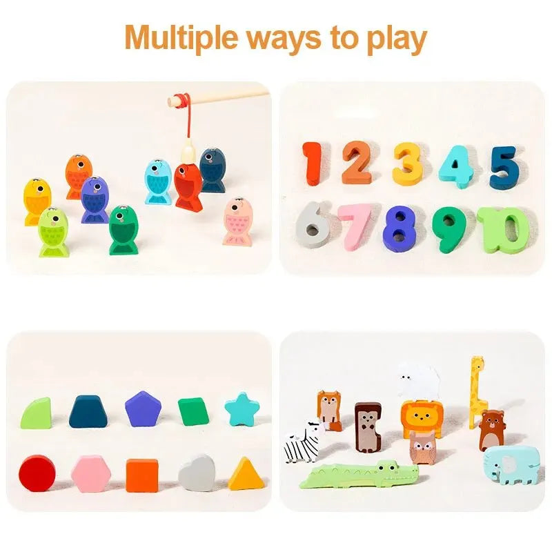 Tableau d'Éveil Montessori en Bois – Formes, Chiffres & Jeu de Pêche