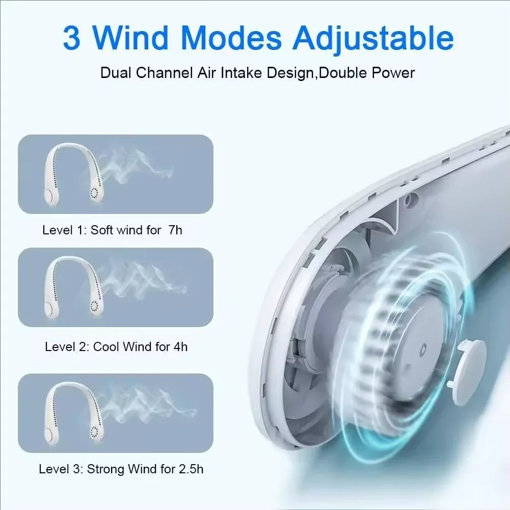 Ventilateur de Cou Sans Pales USB Rechargeable – 3 Vitesses, Mains Libres, Été & Voyage
