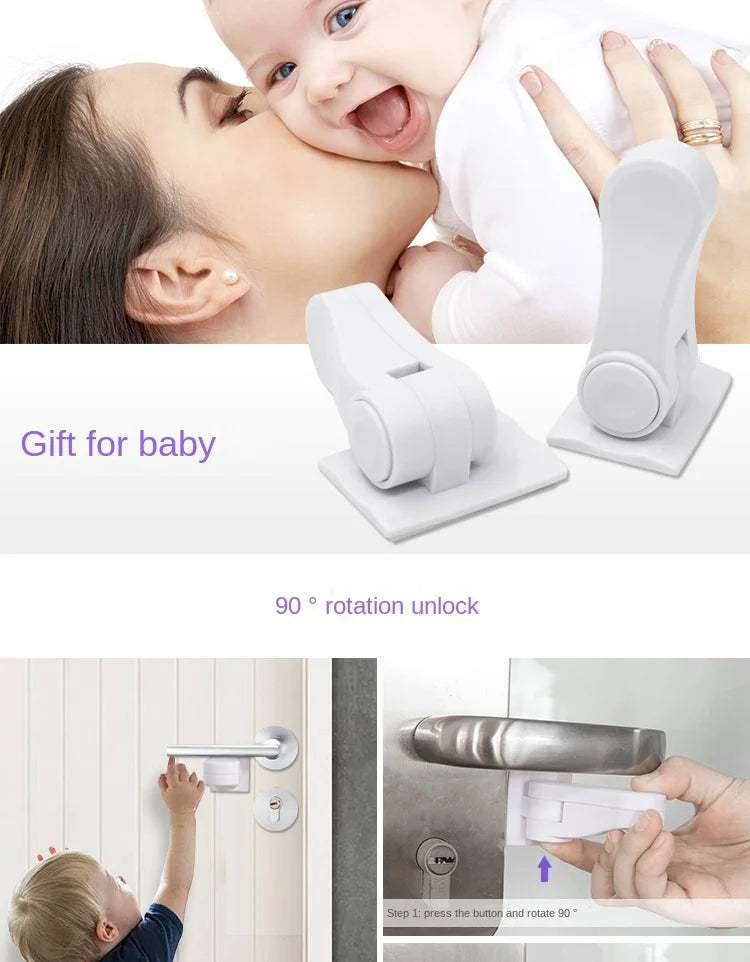 Verrou de sécurité bébé pour poignée de porte – Rotation 180°, adhésif, multifonction