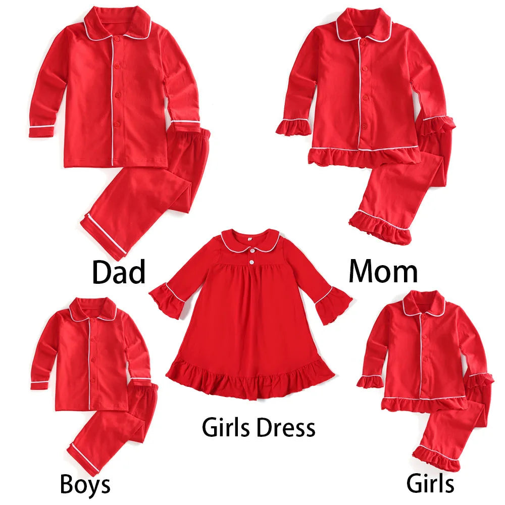 Flanelle Noël Famille Tenues Assortis Garçons Et Filles Pyjamas À Volants Blanc Dentelle Rouge À Manches Longues Bébé Bouton Enfants Pyjamas Ensembles