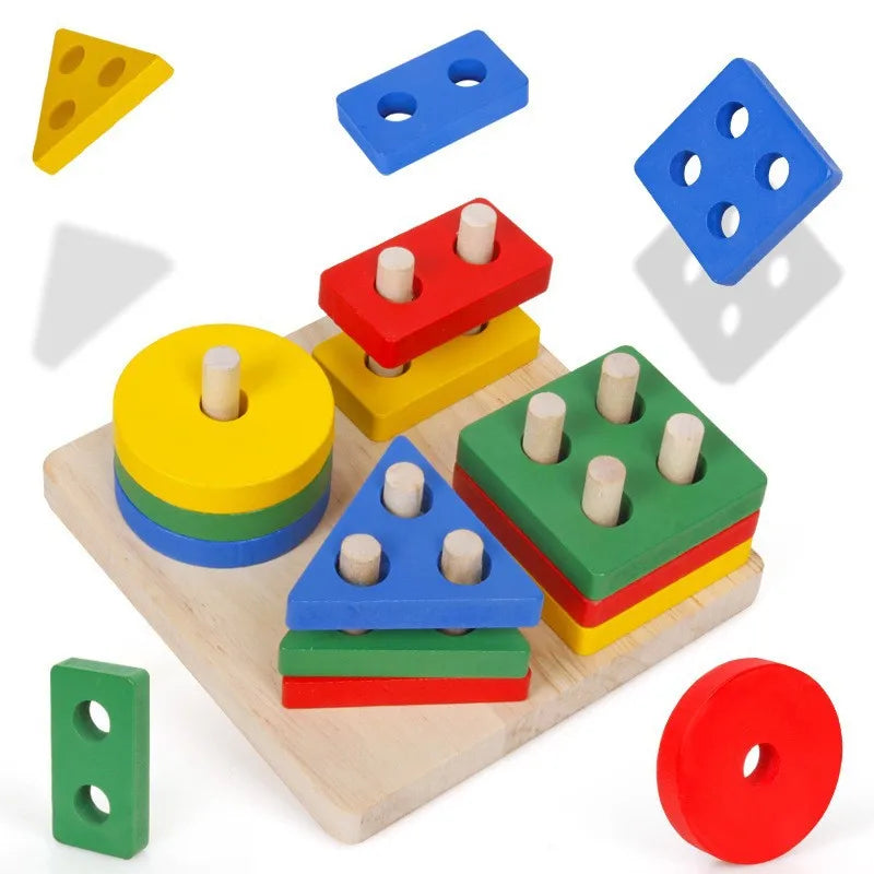 Blocs de Construction Montessori en Bois – Couleurs, Formes & Puzzle Éducatif