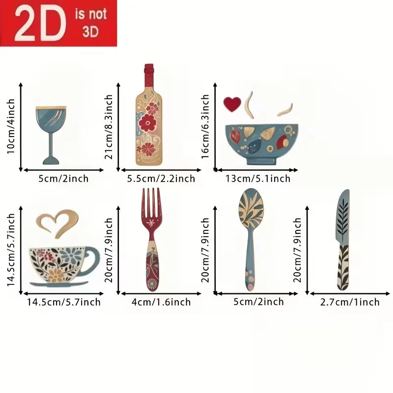 Ensemble Décoration Murale Cuisine en Bois – 7 Pièces, Motifs Fourchettes, Tasses & Verres à Vin