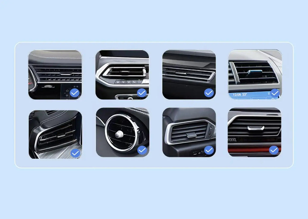 Support téléphone voiture avec chargeur sans fil 15W – Fixation grille d'aération, rotatif, compatible smartphones