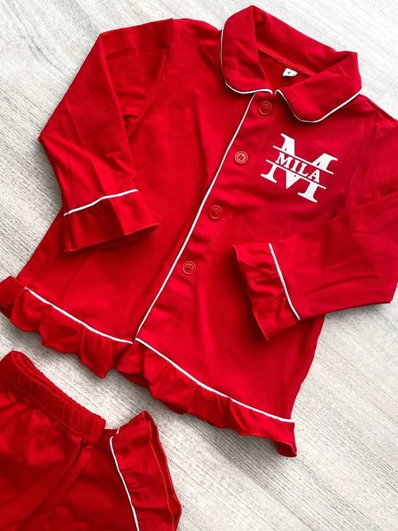 Flanelle Noël Famille Tenues Assortis Garçons Et Filles Pyjamas À Volants Blanc Dentelle Rouge À Manches Longues Bébé Bouton Enfants Pyjamas Ensembles