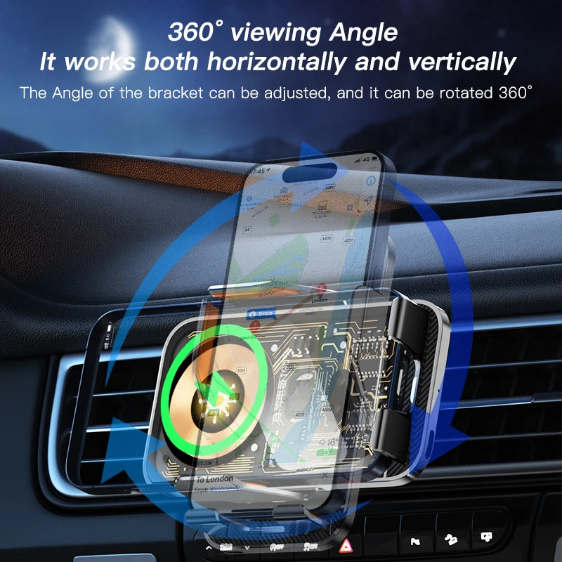 Support téléphone voiture avec chargeur sans fil 15W – Serrage automatique, rotation 360°, compatible iPhone, Samsung, Huawei, Xiaomi