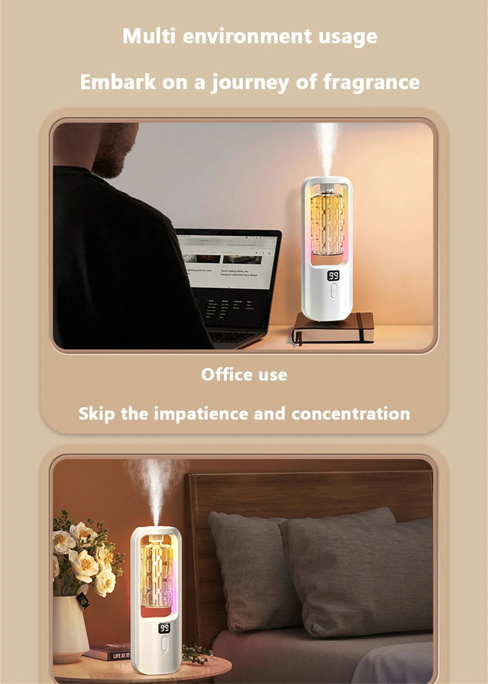 Diffuseur d’arômes mural automatique – Purificateur d’air, veilleuse colorée, rechargeable USB-C