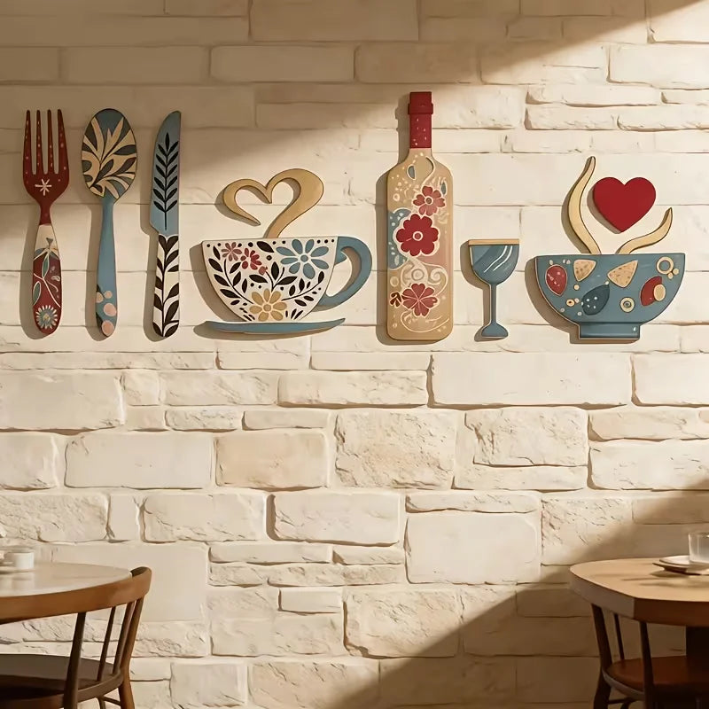 Ensemble Décoration Murale Cuisine en Bois – 7 Pièces, Motifs Fourchettes, Tasses & Verres à Vin