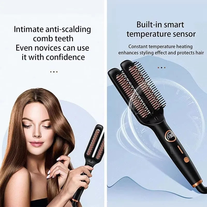 Brosse lissante électrique anti-frisottis 2-en-1 en céramique avec écran LCD numérique
