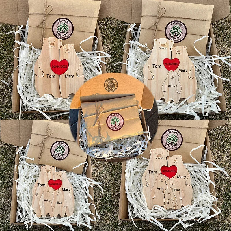 Puzzle Ours en Bois Personnalisé pour la Famille – Prénoms Gravés, Cadeau Anniversaire, Noël, Décoration Maison