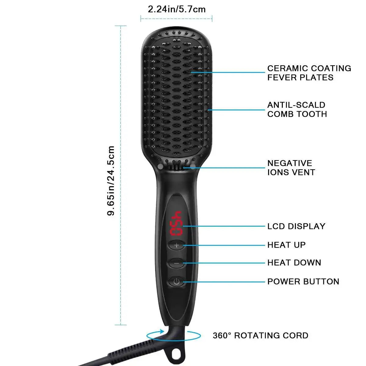 Brosse lissante électrique chauffante pour cheveux et barbe, en céramique anti-brûlure