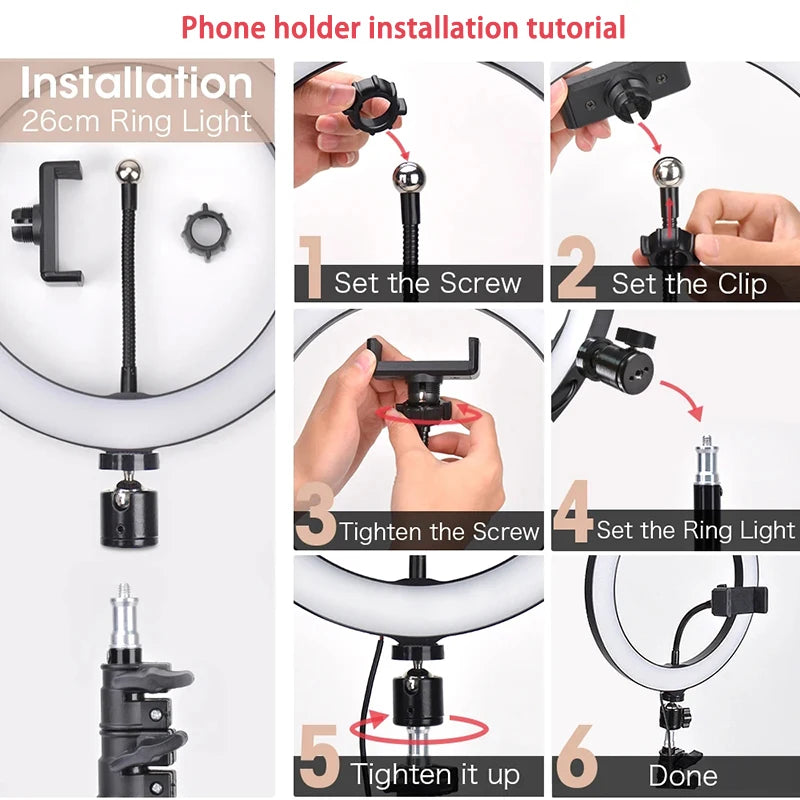 Anneau Lumineux LED pour Selfie & Vidéo – Trépied Réglable, 3 Modes & 10 Niveaux