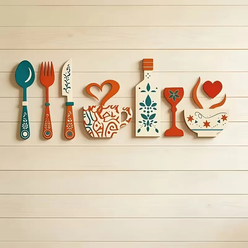 Ensemble Décoration Murale Cuisine en Bois – 7 Pièces, Motifs Fourchettes, Tasses & Verres à Vin