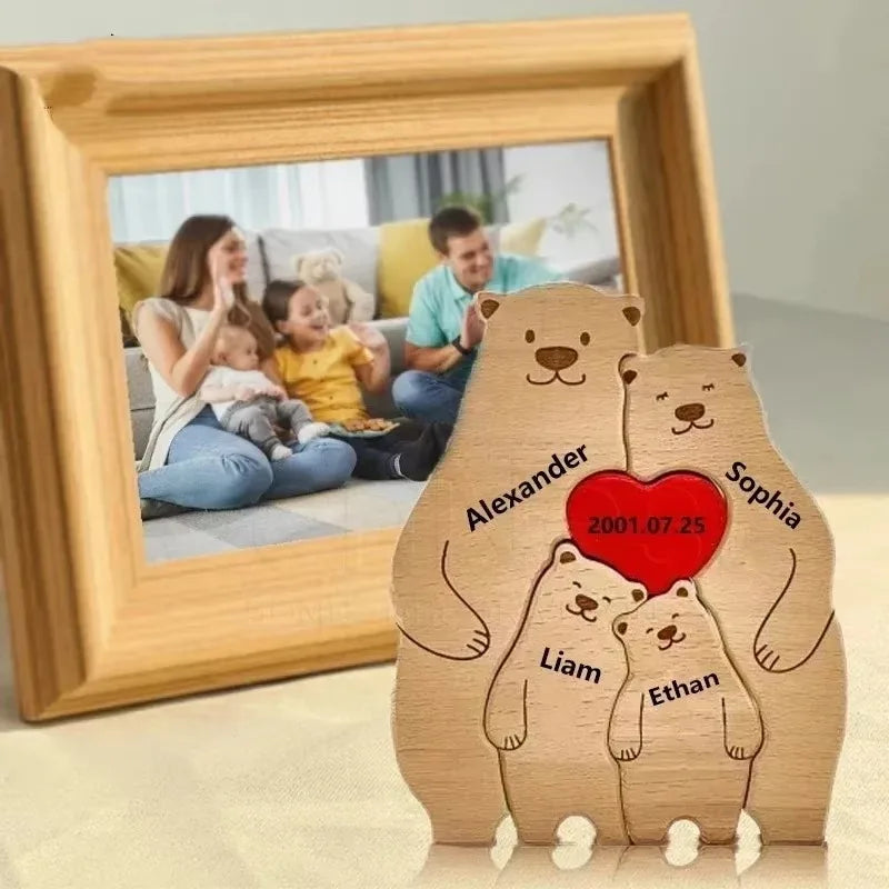 Puzzle Ours en Bois Personnalisé pour la Famille – Prénoms Gravés, Cadeau Anniversaire, Noël, Décoration Maison