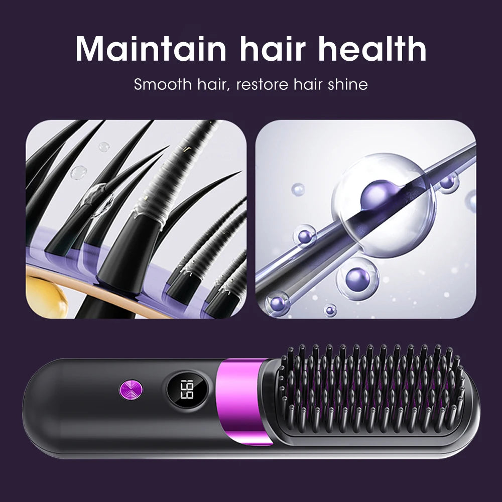 Peigne chauffant électrique sans fil pour lisser les cheveux, brosse lissante, ions négatifs, anti-brûlure, outil de coiffage