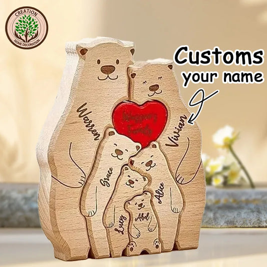 Puzzle Ours en Bois Personnalisé pour la Famille – Prénoms Gravés, Cadeau Anniversaire, Noël, Décoration Maison