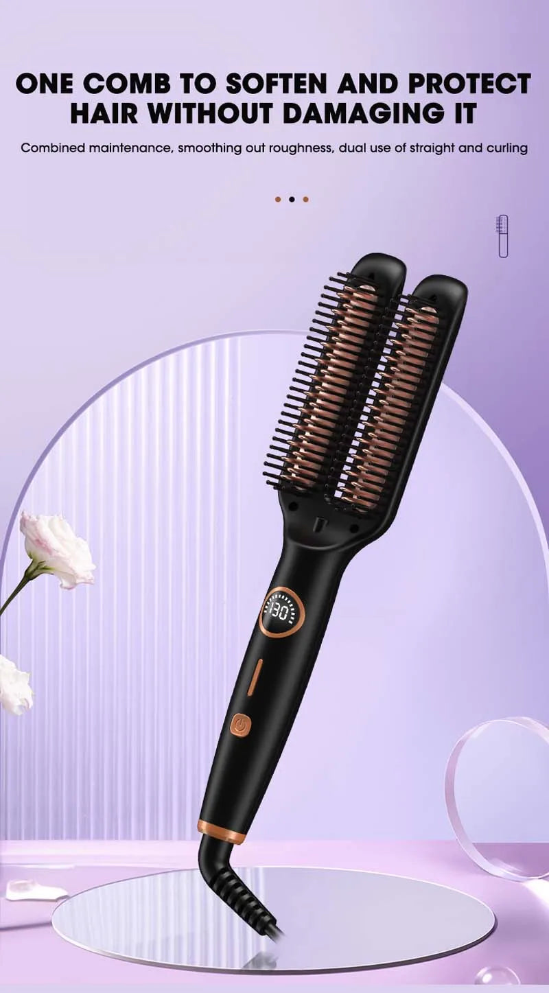 Brosse lissante électrique anti-frisottis 2-en-1 en céramique avec écran LCD numérique