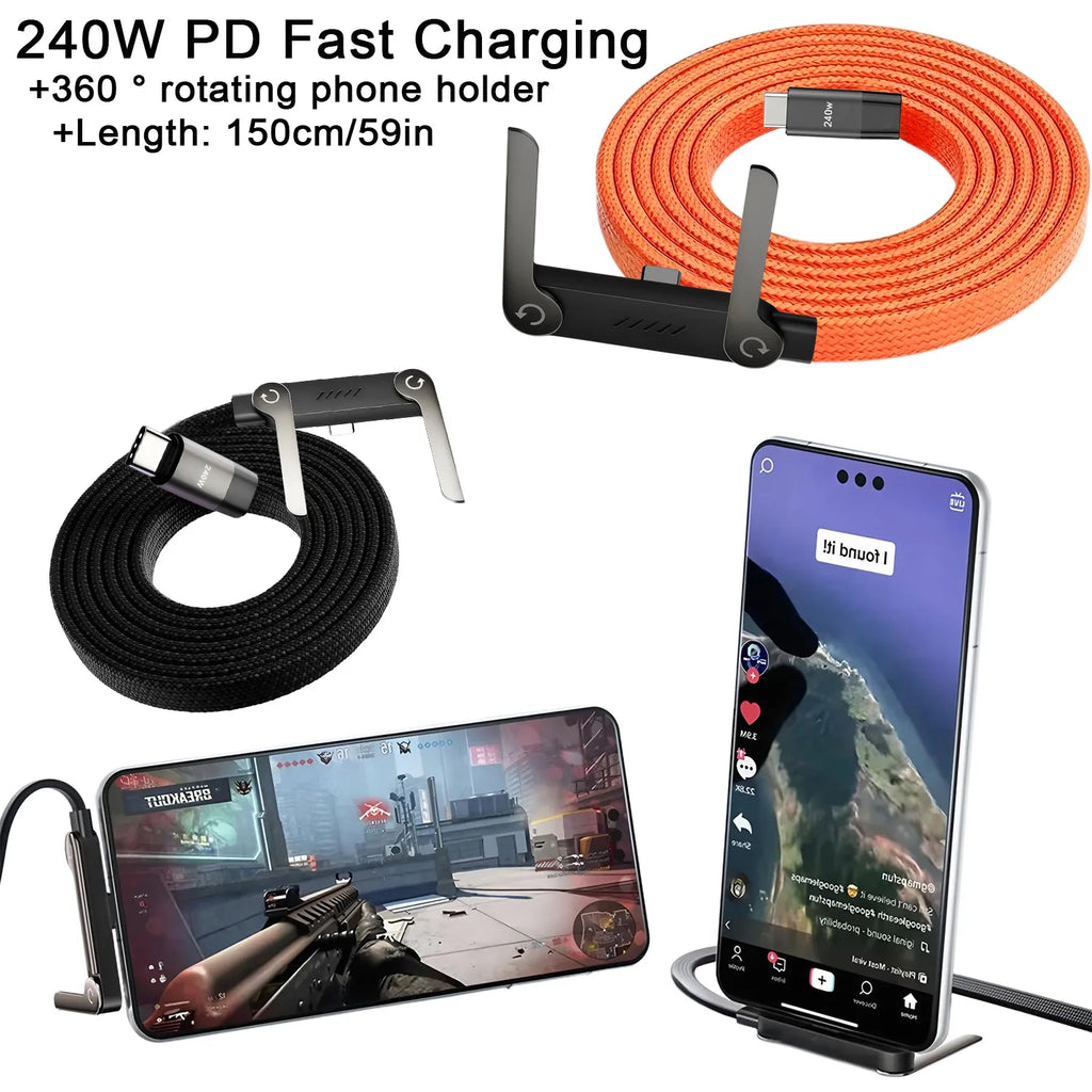 Câble USB-C 240W 2-en-1 avec Support Pliable – Charge Rapide, OTG, Type-C vers Type-C