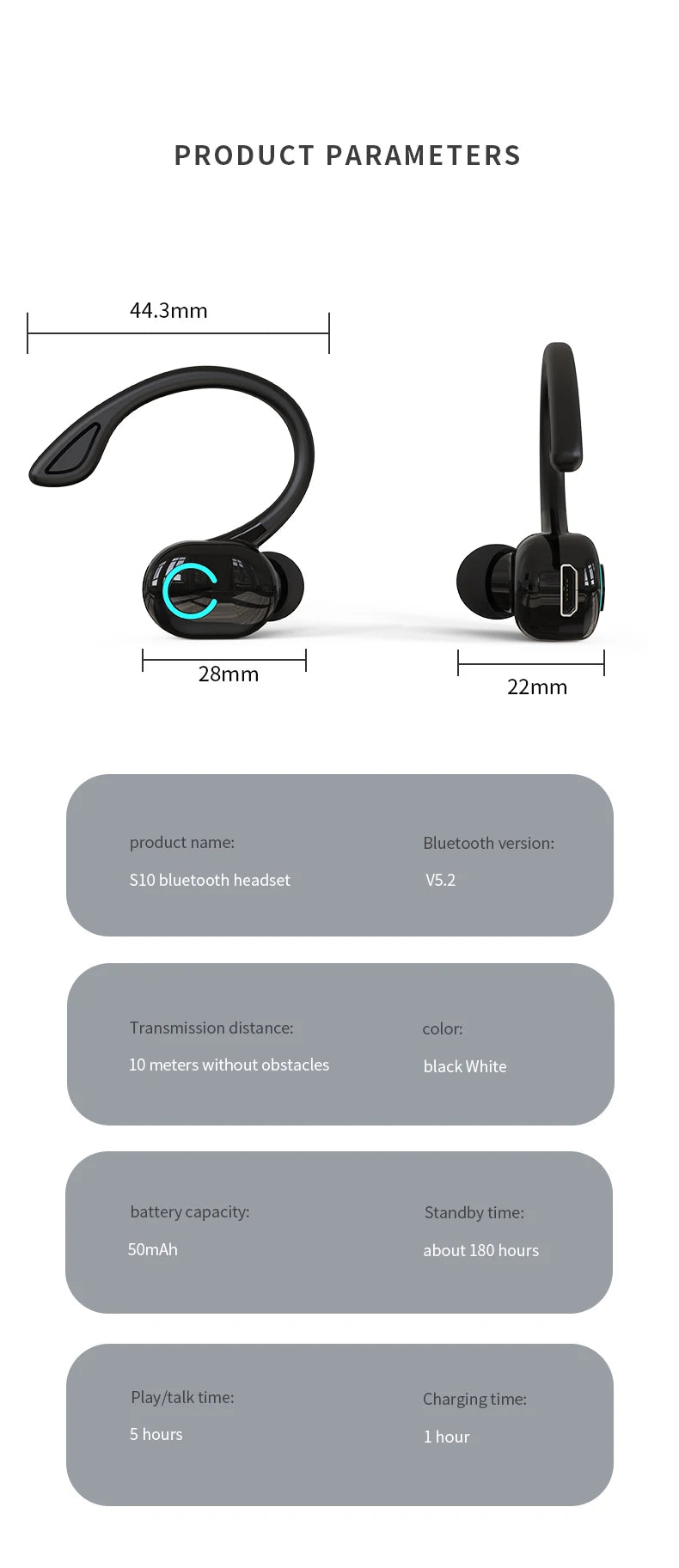 Oreillette Bluetooth 5.2 Sans Fil VAORLO S10 – HiFi Bass, Réduction de Bruit, Micro HD, Waterproof