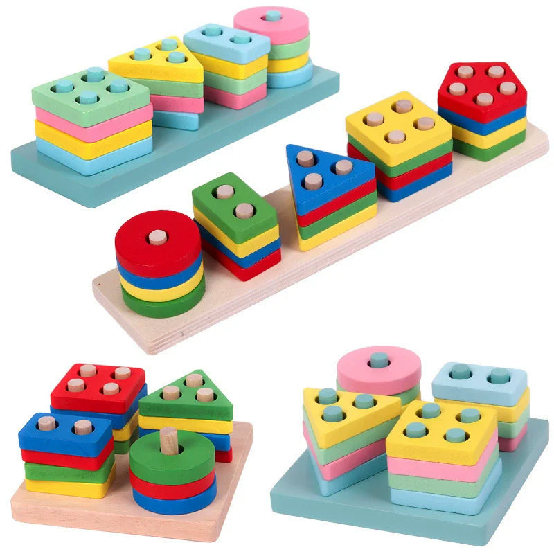 Blocs de Construction Montessori en Bois – Couleurs, Formes & Puzzle Éducatif