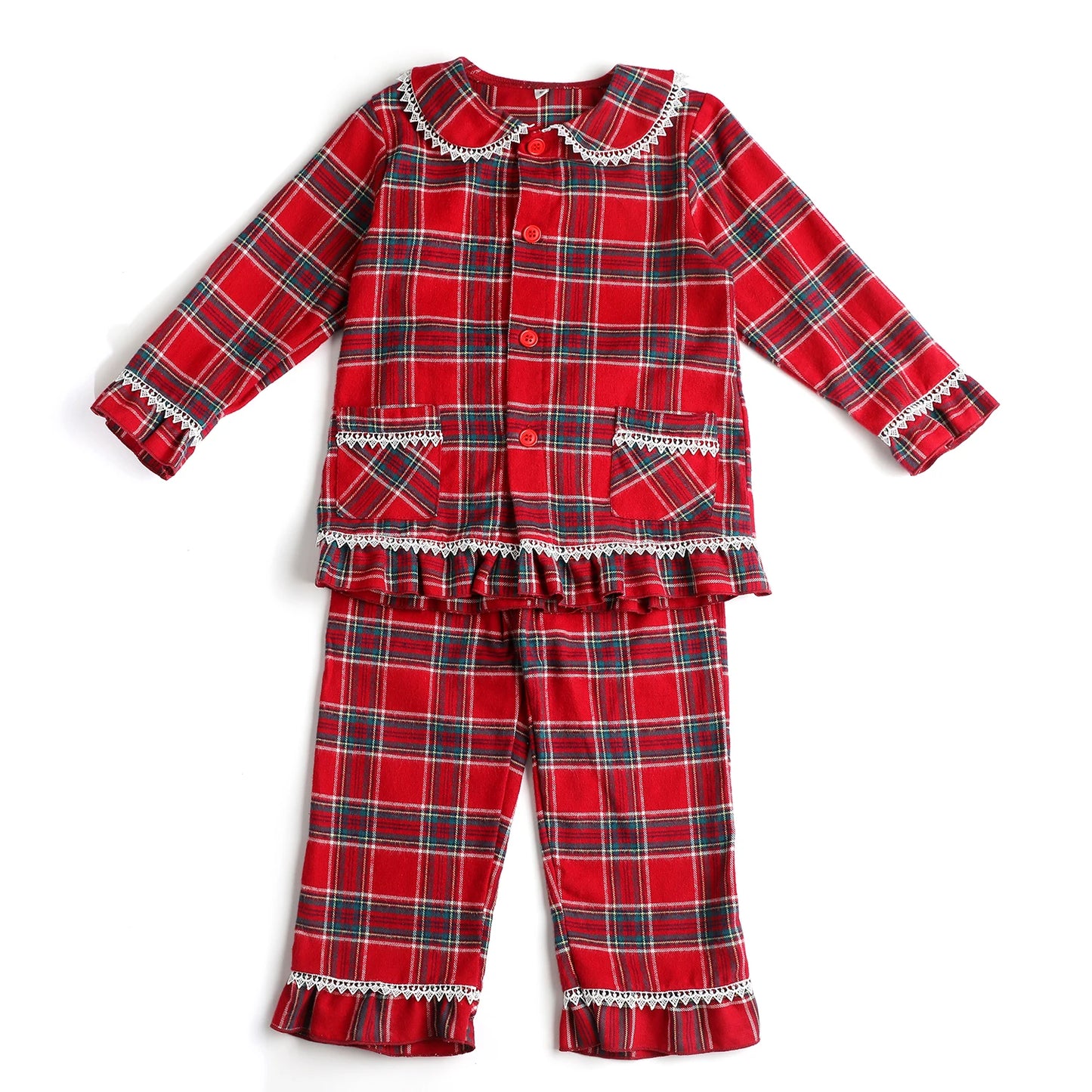 Flanelle Noël Famille Tenues Assortis Garçons Et Filles Pyjamas À Volants Blanc Dentelle Rouge À Manches Longues Bébé Bouton Enfants Pyjamas Ensembles