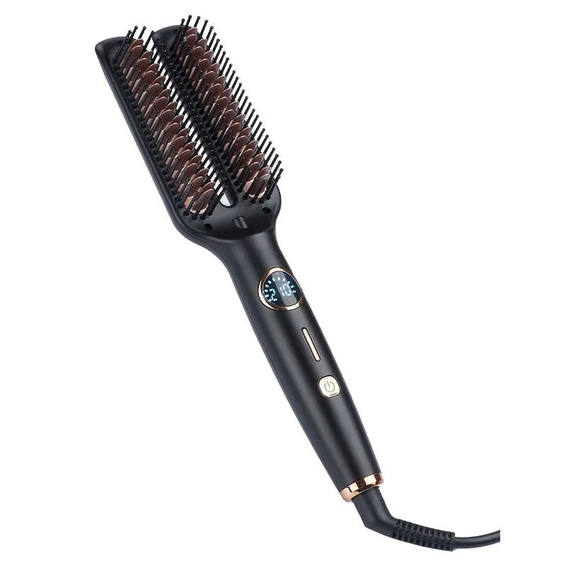 Brosse lissante électrique anti-frisottis 2-en-1 en céramique avec écran LCD numérique