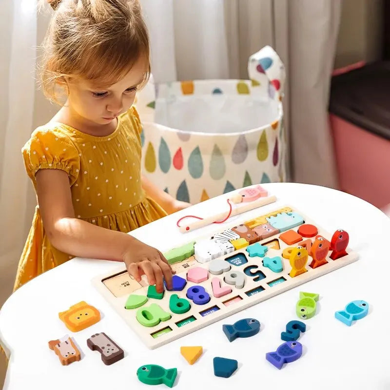 Tableau d'Éveil Montessori en Bois – Formes, Chiffres & Jeu de Pêche