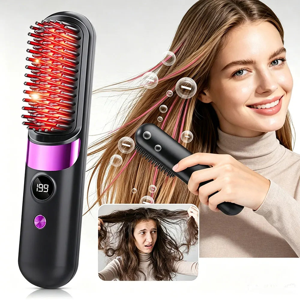 Peigne chauffant électrique sans fil pour lisser les cheveux, brosse lissante, ions négatifs, anti-brûlure, outil de coiffage