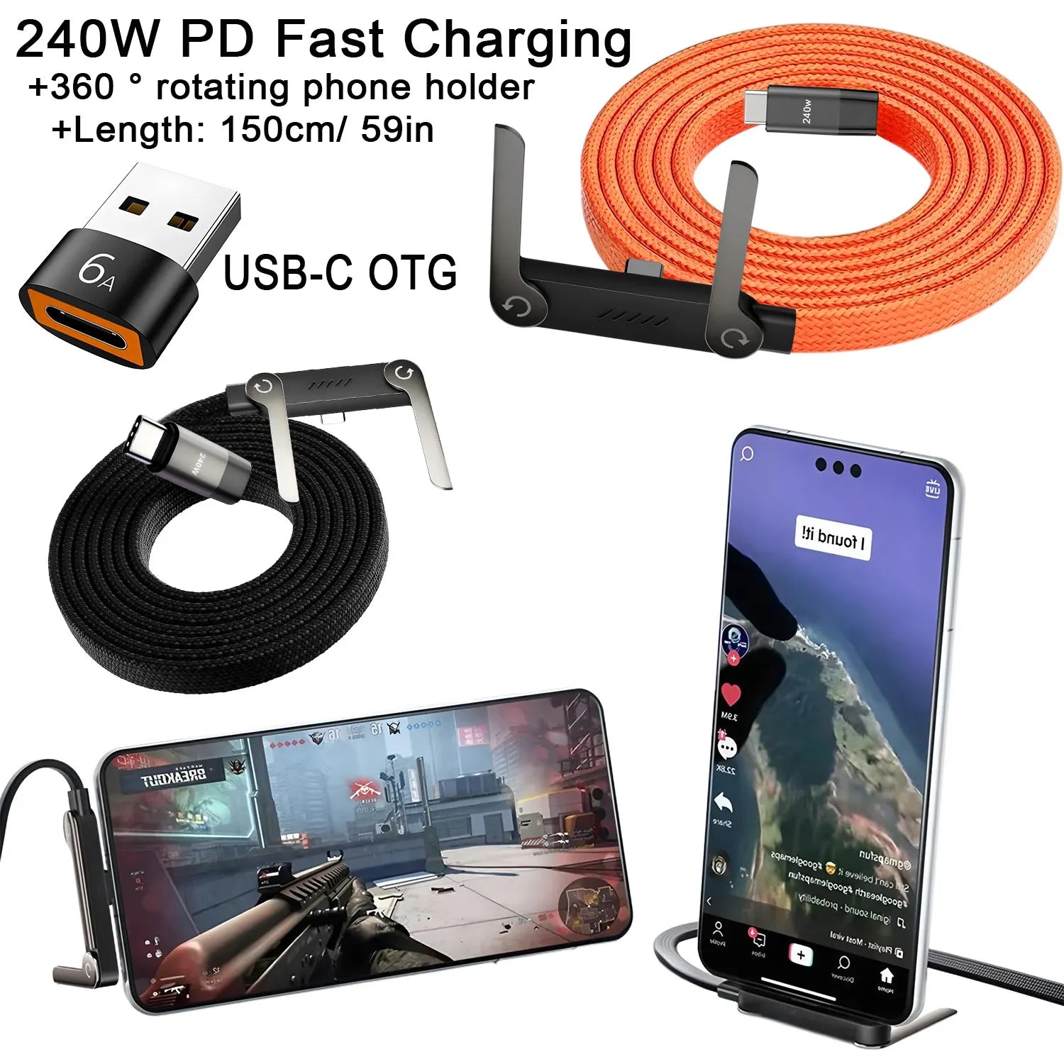 Câble USB-C 240W 2-en-1 avec Support Pliable – Charge Rapide, OTG, Type-C vers Type-C