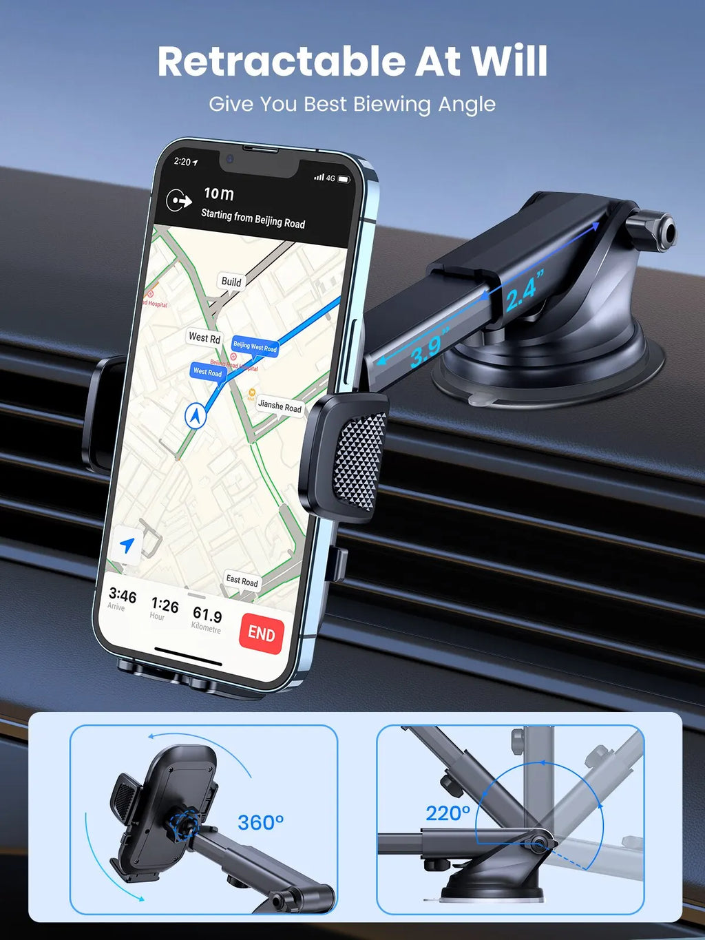 Support téléphone voiture TOPK – Fixation par gravité, pare-brise, tableau de bord et grille d'aération