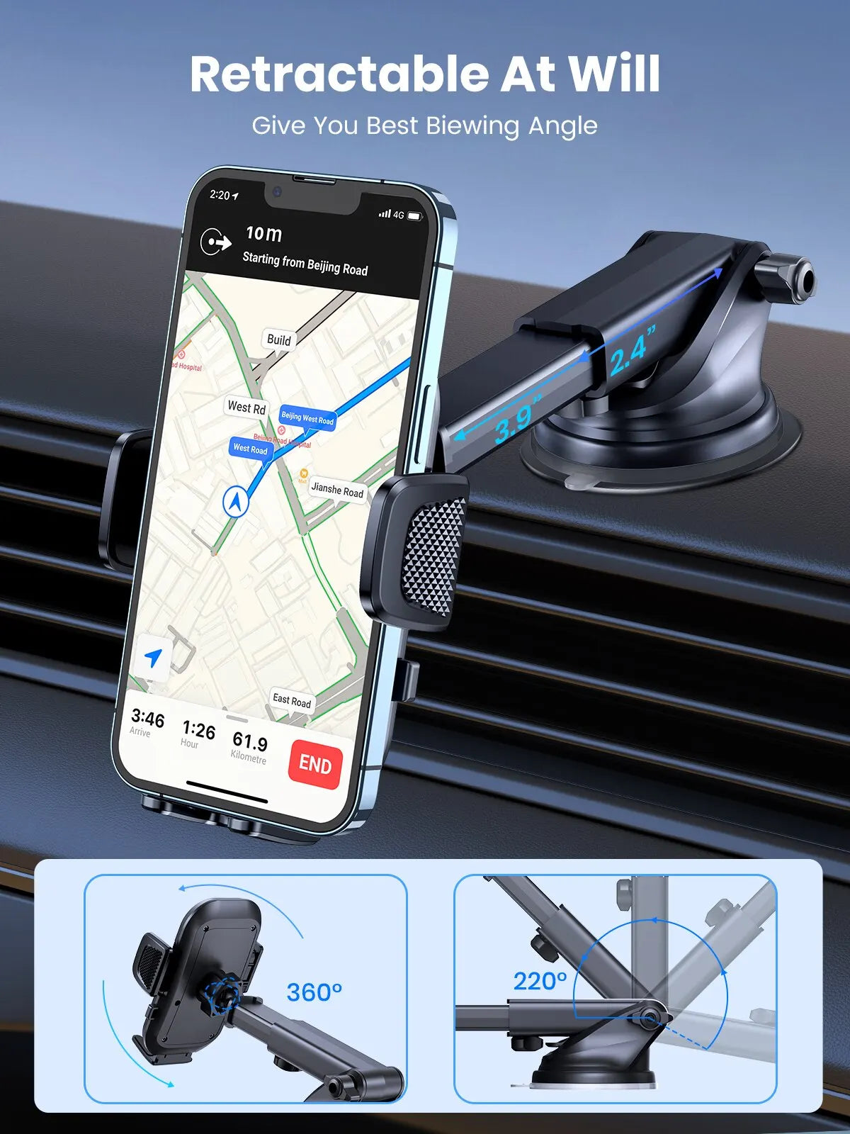 Support téléphone voiture TOPK – Fixation par gravité, pare-brise, tableau de bord et grille d'aération