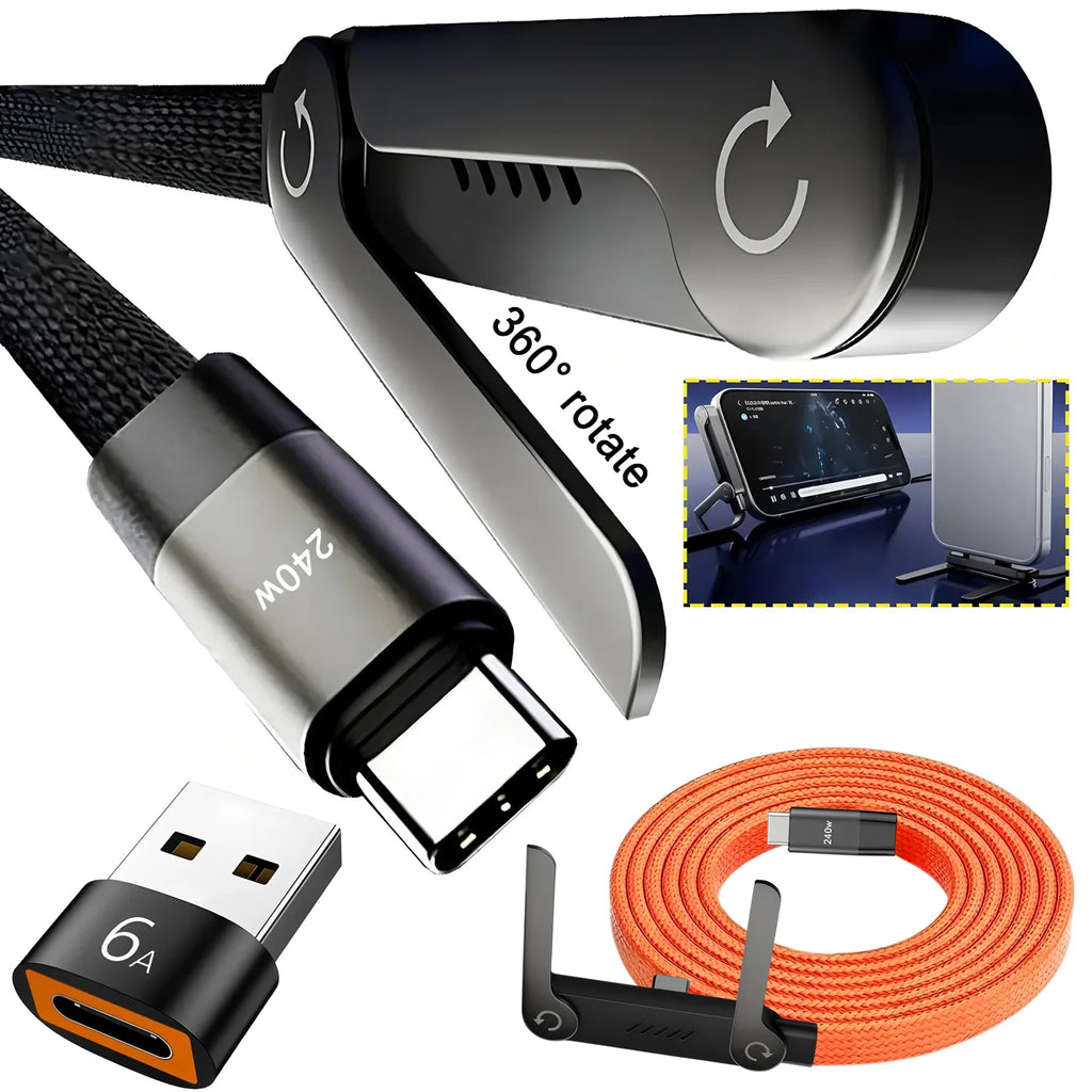 Câble USB-C 240W 2-en-1 avec Support Pliable – Charge Rapide, OTG, Type-C vers Type-C