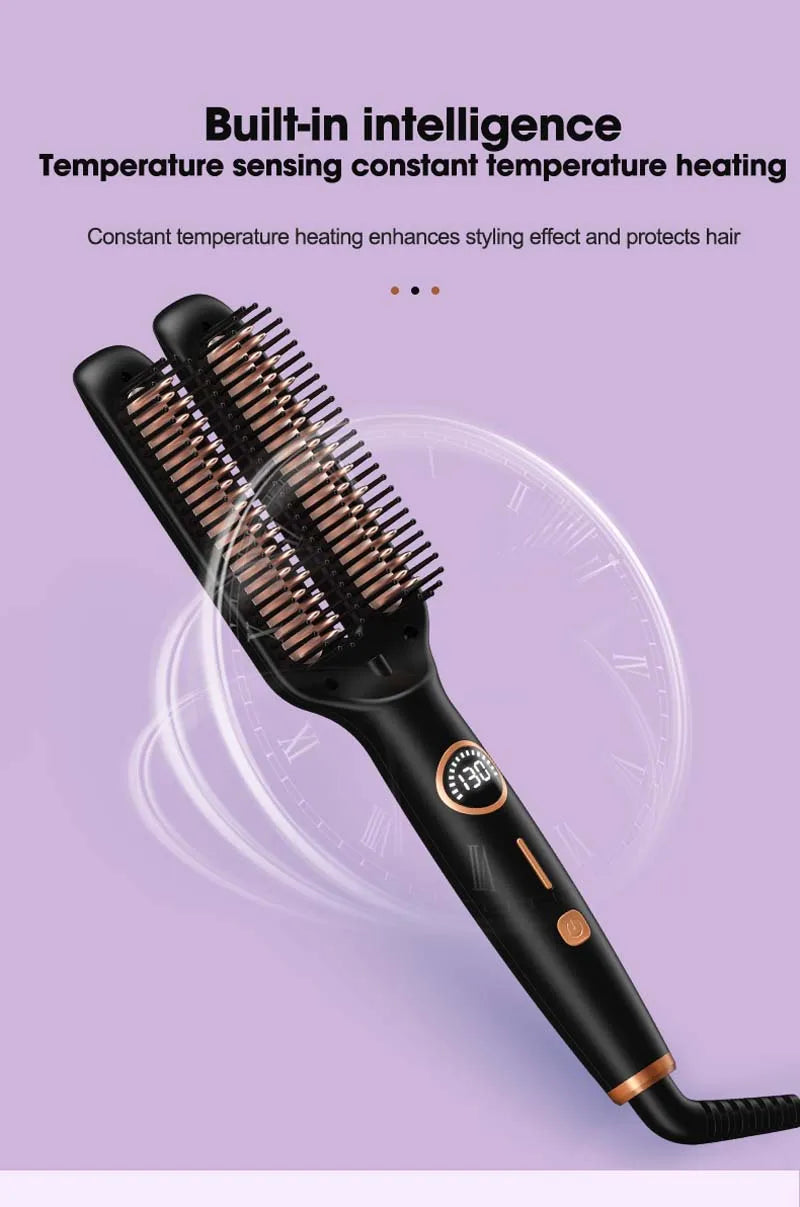 Brosse lissante électrique anti-frisottis 2-en-1 en céramique avec écran LCD numérique