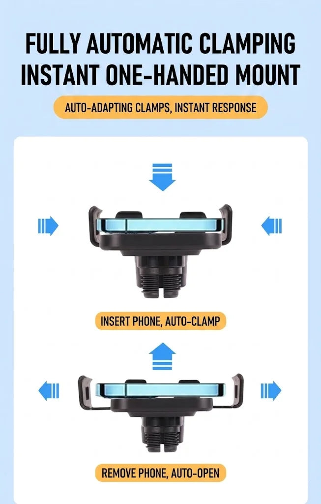 Support téléphone voiture avec chargeur sans fil 15W – Fixation grille d'aération, rotatif, compatible smartphones