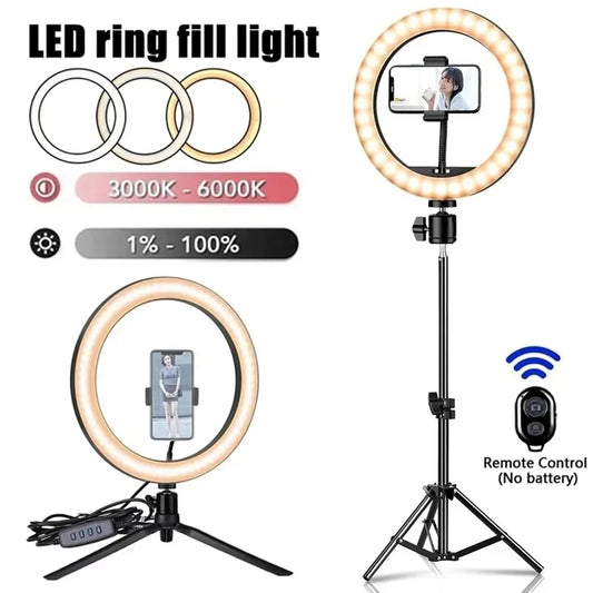 Anneau Lumineux LED pour Selfie & Vidéo – Trépied Réglable, 3 Modes & 10 Niveaux