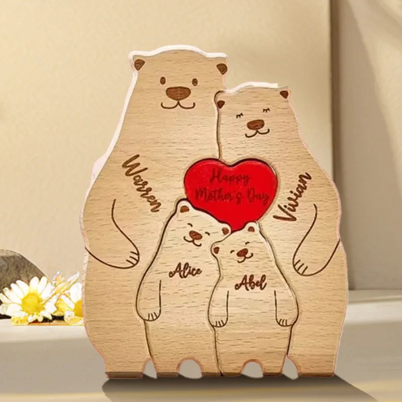 Puzzle Ours en Bois Personnalisé pour la Famille – Prénoms Gravés, Cadeau Anniversaire, Noël, Décoration Maison