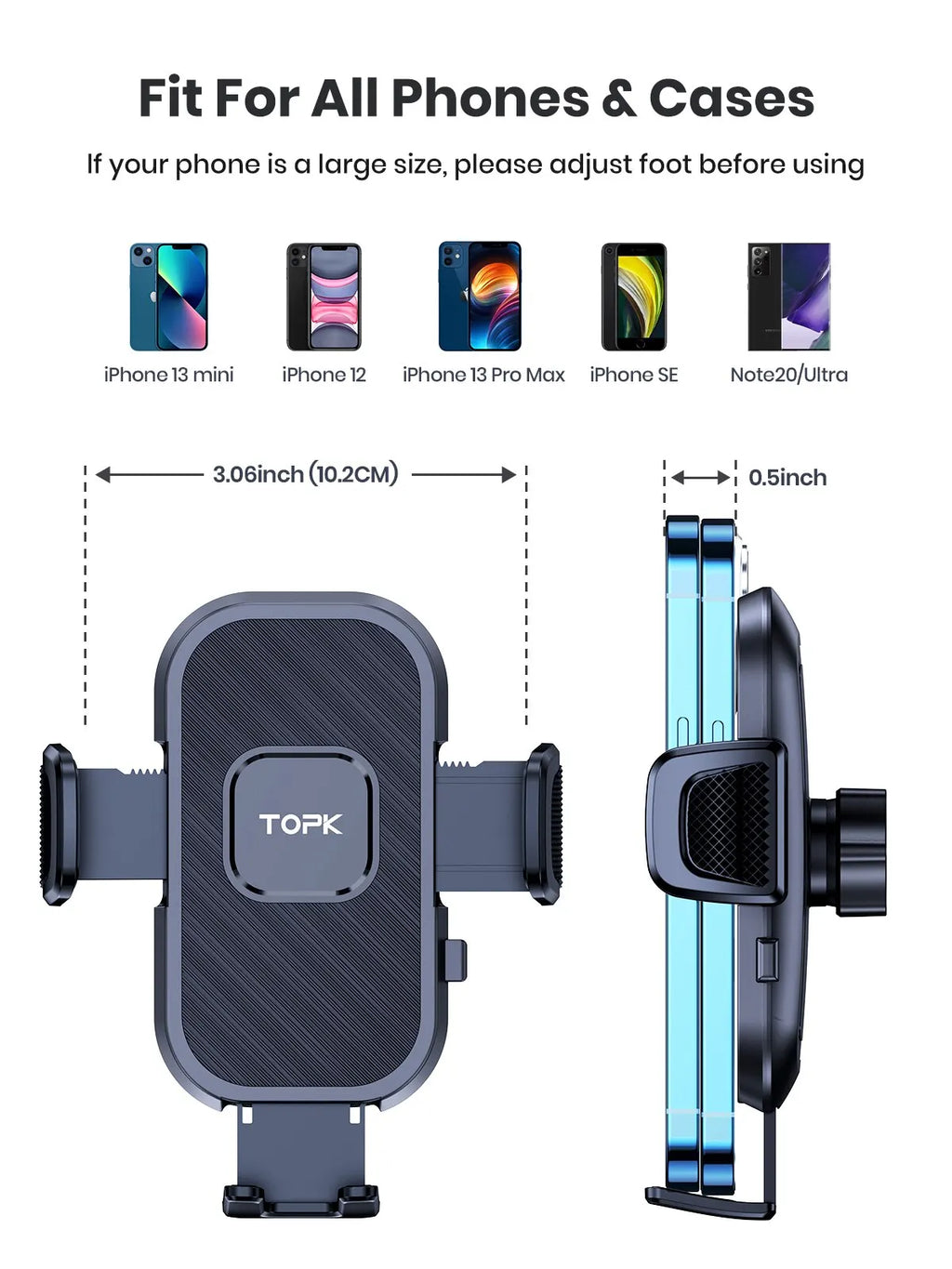 Support téléphone voiture TOPK – Fixation par gravité, pare-brise, tableau de bord et grille d'aération