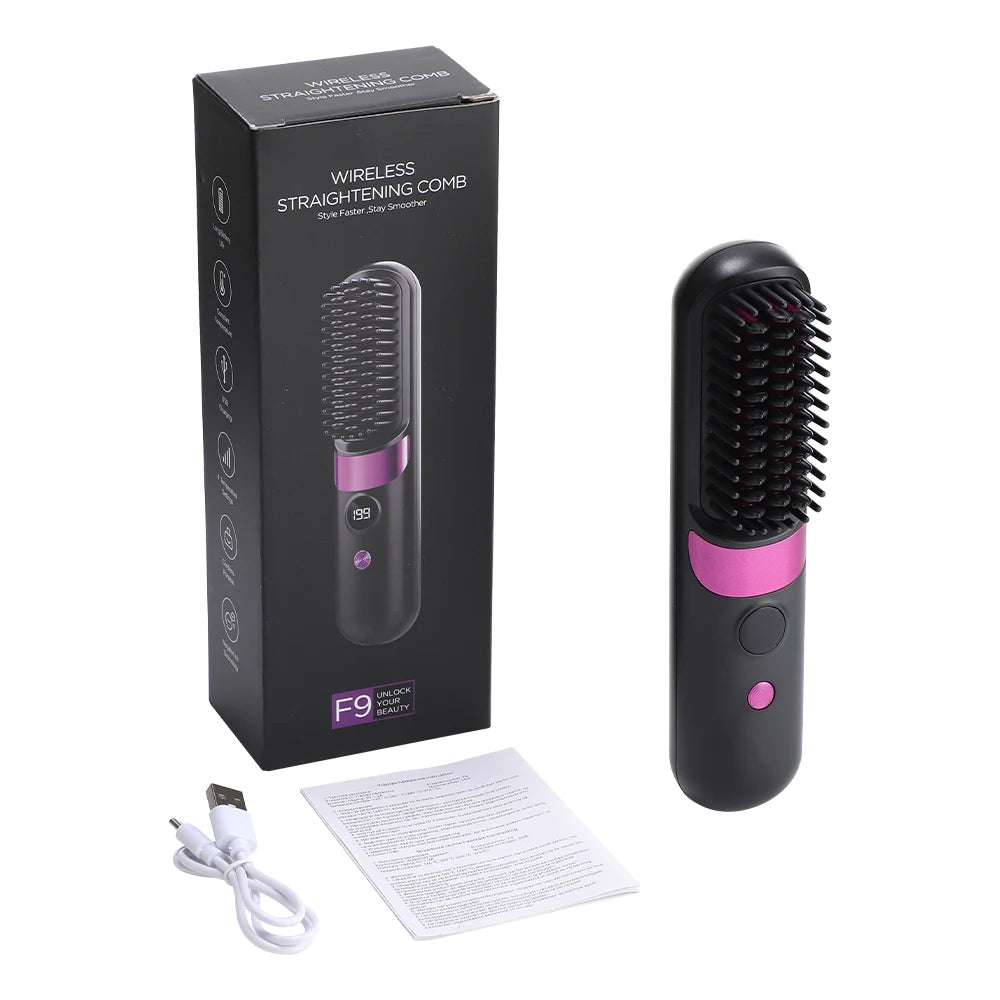 Peigne chauffant électrique sans fil pour lisser les cheveux, brosse lissante, ions négatifs, anti-brûlure, outil de coiffage