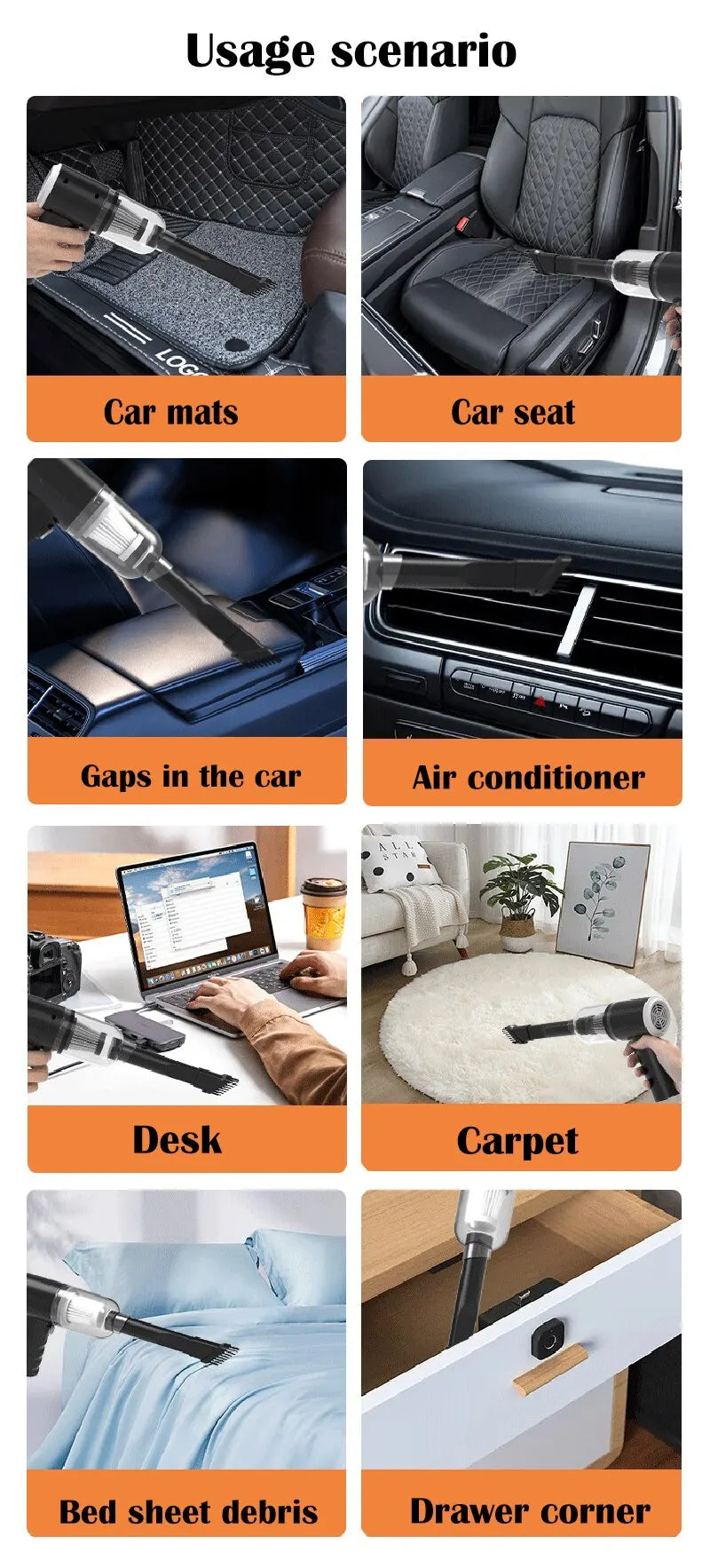 Aspirateur de voiture sans fil 9000Pa – Portable USB rechargeable, 60W, mini aspirateur sec