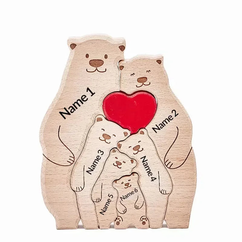 Puzzle Ours en Bois Personnalisé pour la Famille – Prénoms Gravés, Cadeau Anniversaire, Noël, Décoration Maison