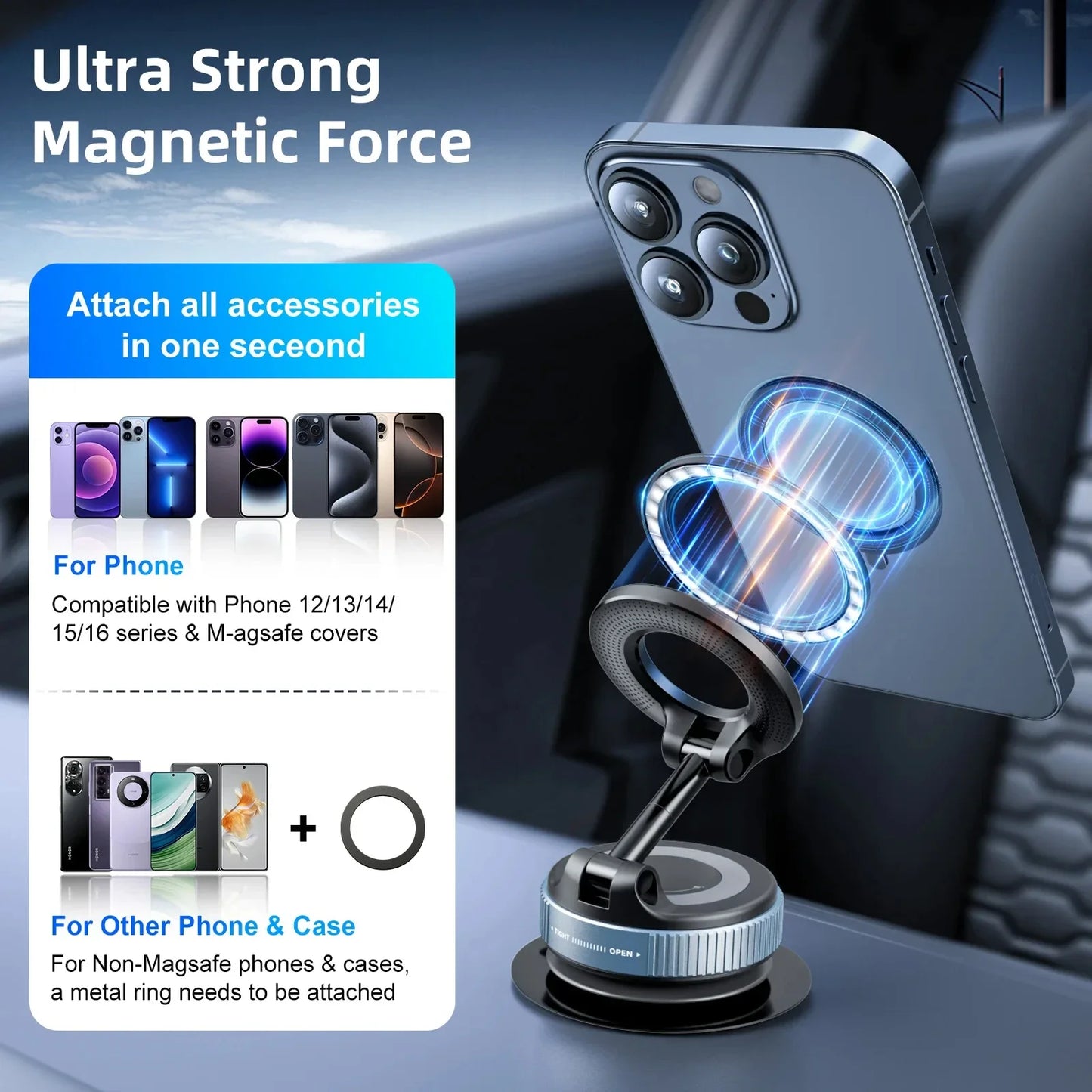 Support Magnétique Téléphone Voiture – Ventouse, Rotation 360°, Universel