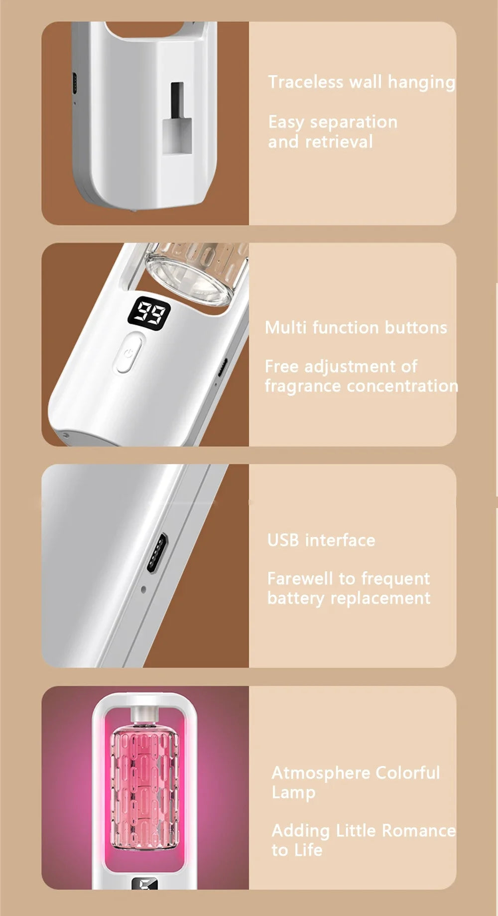 Diffuseur d’arômes mural automatique – Purificateur d’air, veilleuse colorée, rechargeable USB-C