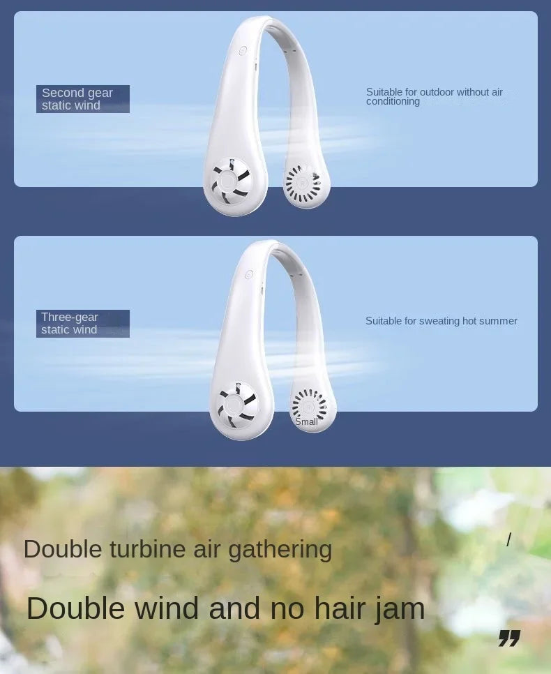 Ventilateur de Cou Sans Pales USB Rechargeable – 3 Vitesses, Mains Libres, Été & Voyage
