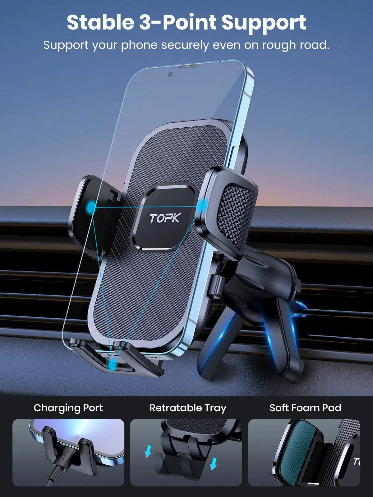 Support téléphone voiture TOPK – Fixation par gravité, pare-brise, tableau de bord et grille d'aération
