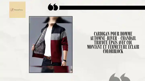 Cardigan pour Homme Automne-Hiver - Chandail Tricot&eacute; &Eacute;pais avec Col Montant et Fermeture &Eacute;clair Colorblock by@Outfy