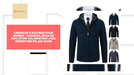 Cardigan &agrave; Rayures pour Homme - Chandail &Eacute;pais en Molleton Col Montant avec Fermeture &Eacute;clair Hiver by@Outfy